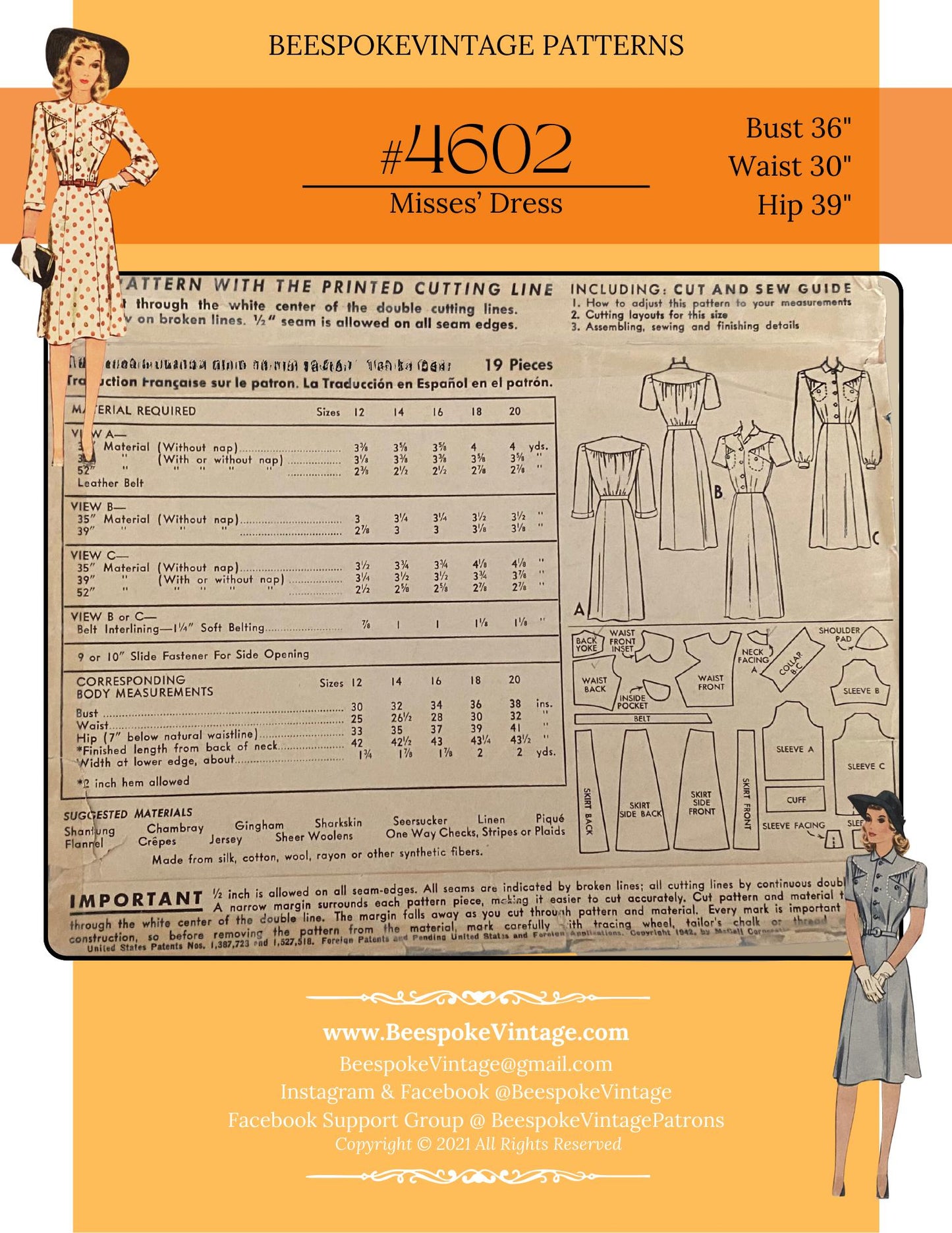 1940s WWII Dress with Breast Pockets - Bust 36" Pattern #4602 -36 - PAPER COPY