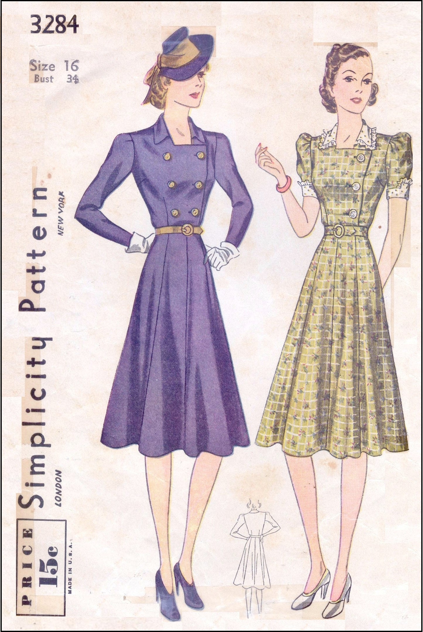 1940 Ladies Day Dress With Front Buttons - Pattern #F3284 - 34 Inch Bust