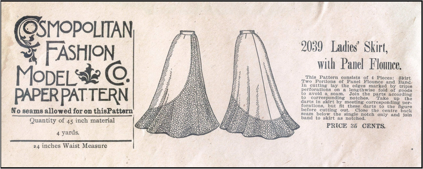 1890s Ladies Skirt with Panel Flounce - Victorian 1897 Pattern #E2039 - 26 Inch Waist - Belle Epoque