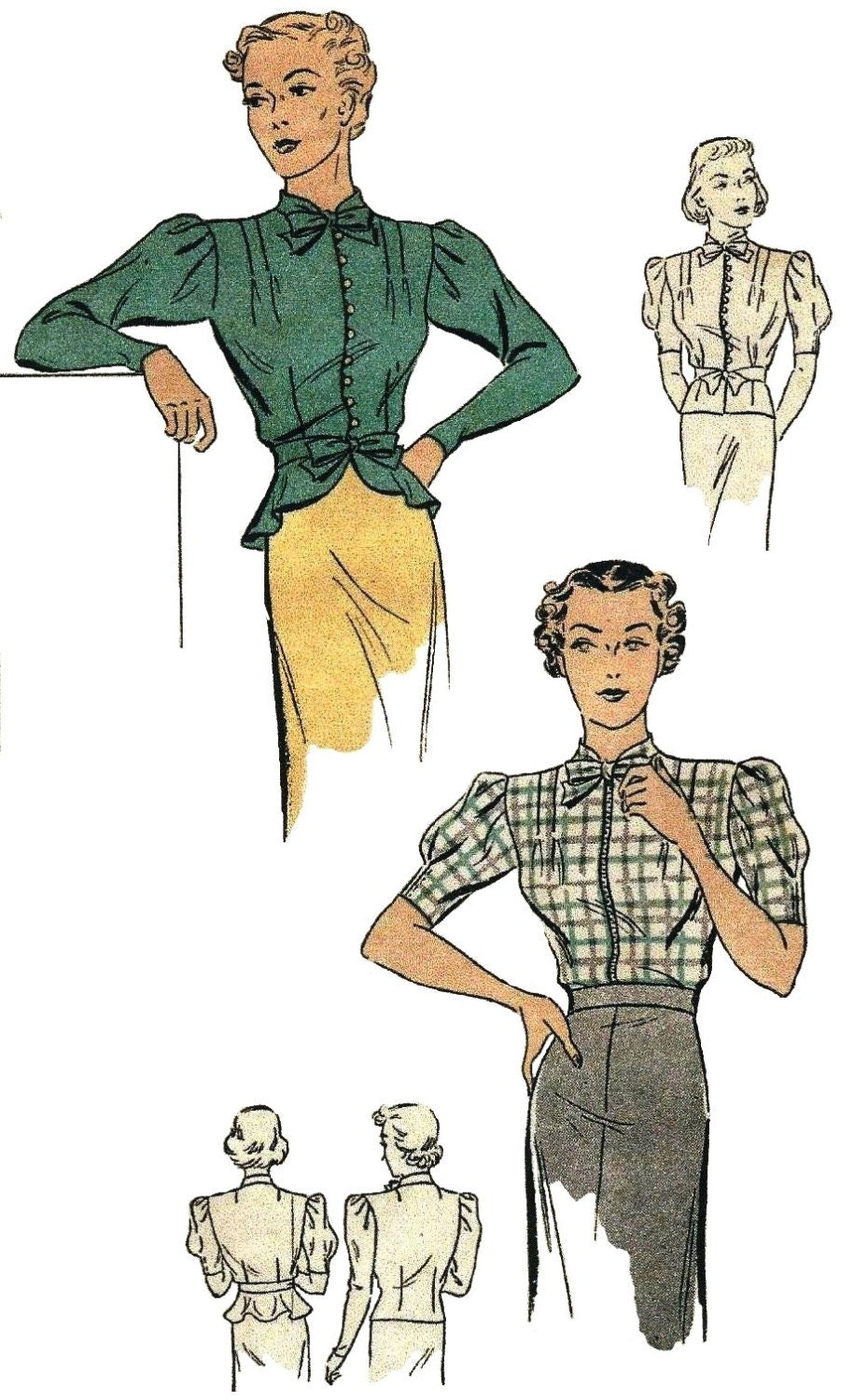 1930s Ladies Blouse With Optional Peplum and Two Sleeve Styles - Reproduction 1937 Sewing Pattern #T1797 - 34 Inch Bust