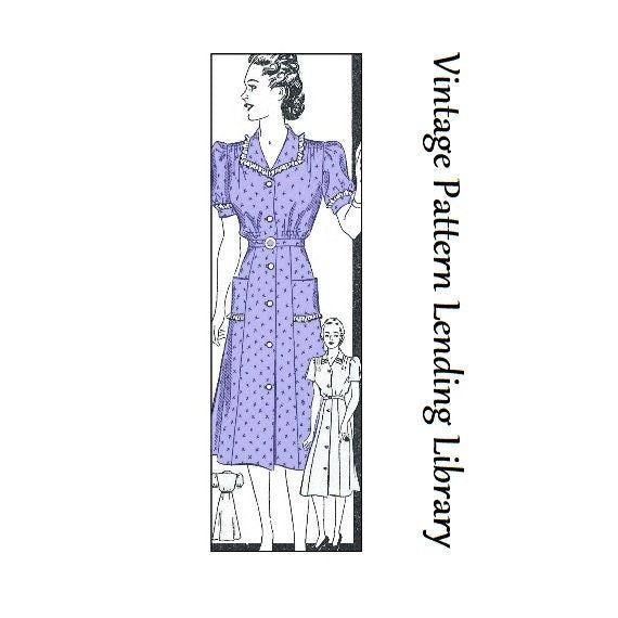 1940s Ladies Shirt Waist Day Dress with Optional Lace or Rick-Rack Detailing - Pattern #F9961 - 44 Inch Bust