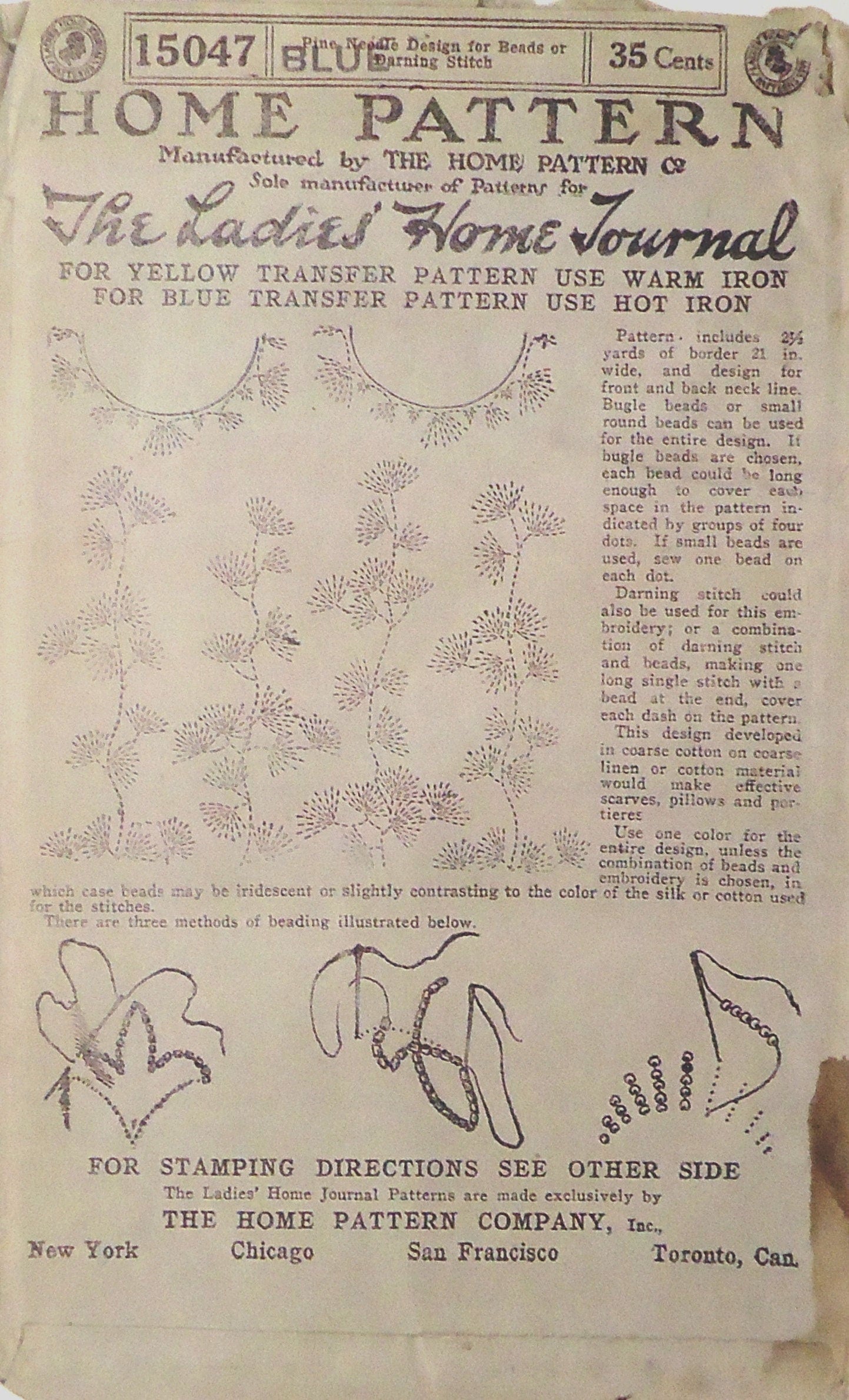 1920s Pine Needle Bead Design for a Ladies Blouse or Frock - Reproduction Transfer Pattern #N15047