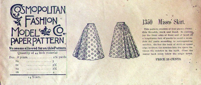 1890s Youth/Teen Skirt With Back Fullness - Reproduction 1897 Sewing Pattern #E1350 - 24 Inch Waist