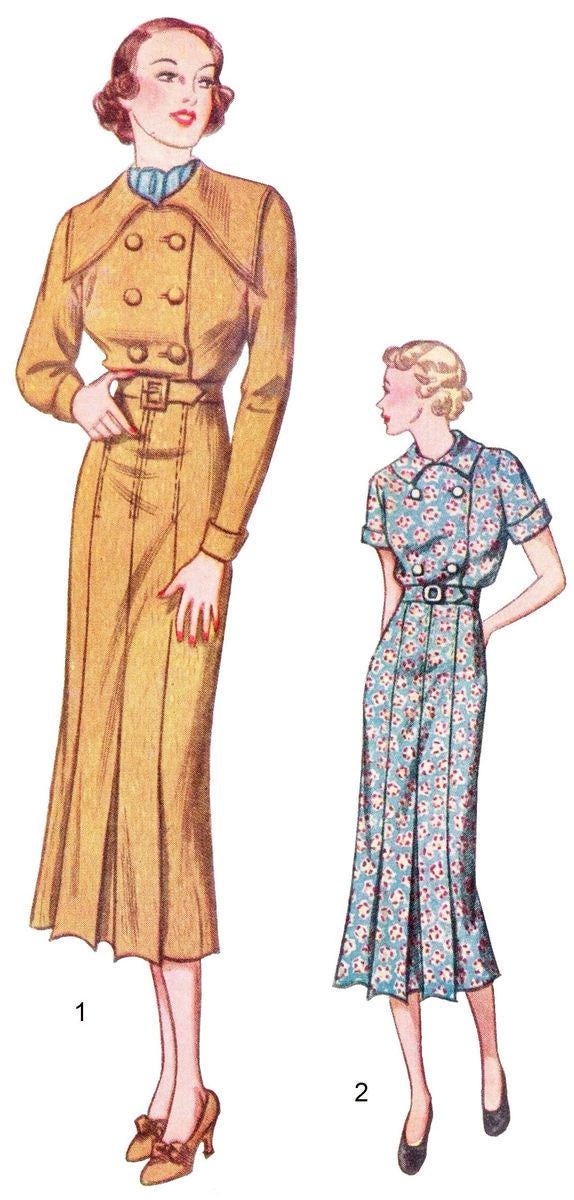 1930s Junior One Piece Frock with Double-Breasted Bodice - Collar & Sleeve Options - Reproduction 1936 Sewing Pattern #T8150 - 32 Inch Bust