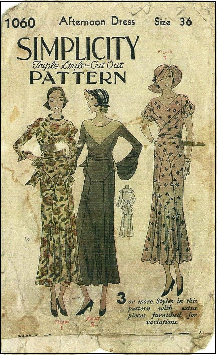 1930s Ladies Afternoon Dress In Three Styles - Reproduction 1932 Sewing Pattern #T1060 - 36 Inch Bust