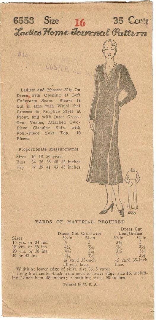 1930 Ladies Surplice Frock - Pattern #T6558 - 40 Inch Bust