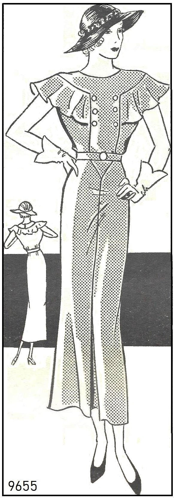 1930s Ladies Afternoon Dress With Ruffle Capelet - Reproduction 1937 Sewing Pattern #T9655 - 36 Inch Bust