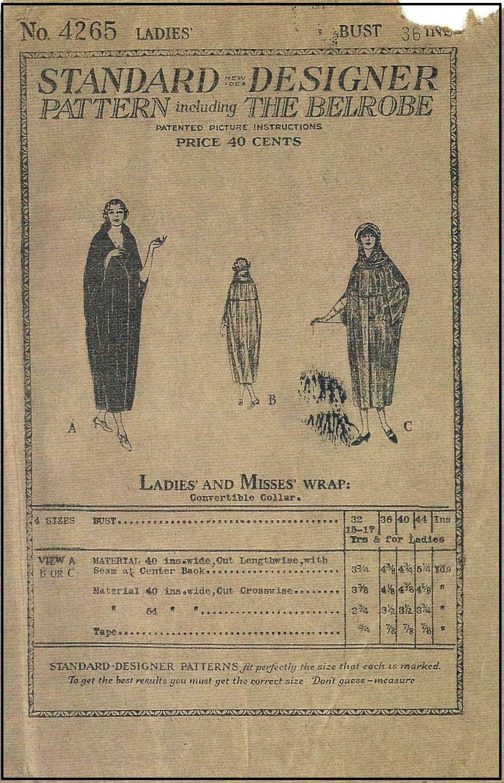 1920s Ladies Cocoon-Style Wrap With Convertible Collar - Reproduction 1923 Sewing Pattern #Z4265 - 36 Inch Bust