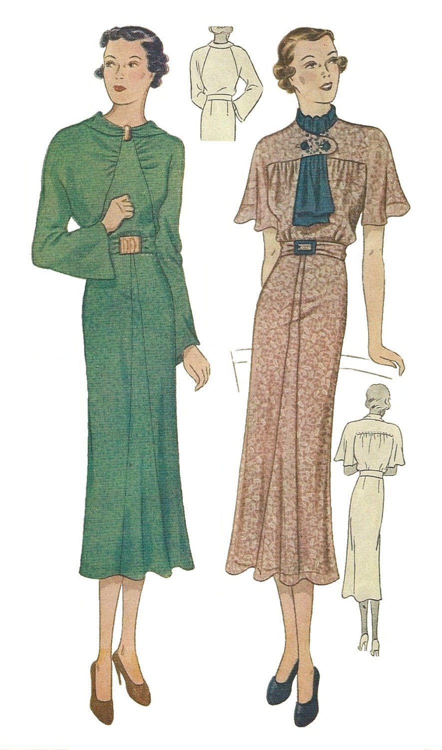 1930s Ladies Day Dress In Two Styles - Reproduction 1936 Sewing Pattern #T1990 - 36 Inch Bust
