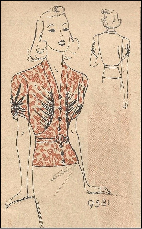 1930s Ladies Blouse With Gathered Bodice - Reproduction 1938 Sewing Pattern #T9581 - 36 Inch Bust