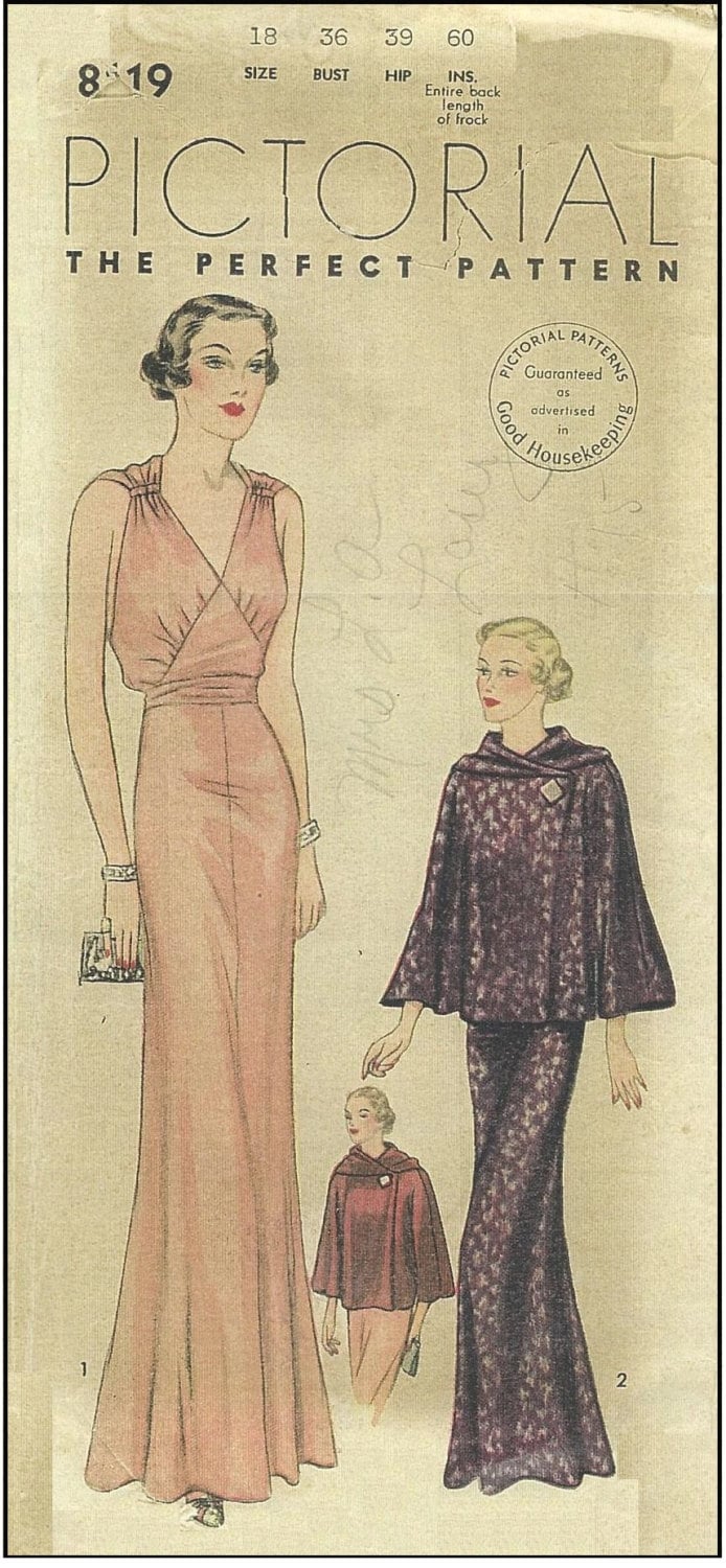 1930s Ladies Evening Gown With Optional Jacket - Reproduction 1936 Sewing Pattern #T8119 - 36 Inch Bust