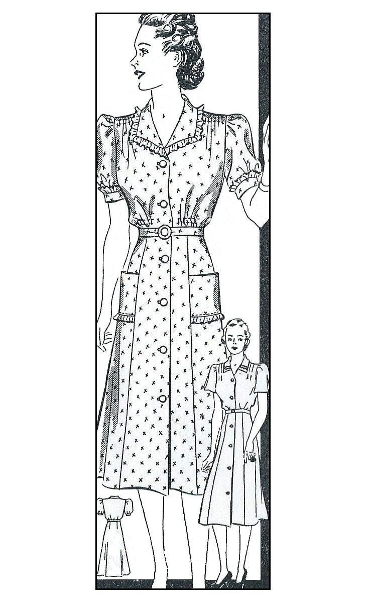 1940s Ladies Shirt Waist Day Dress with Optional Lace or Rick-Rack Detailing - Pattern #F9961 - 44 Inch Bust
