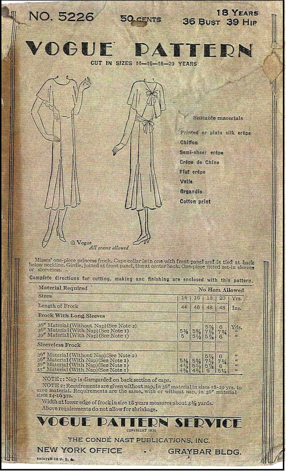 1930 Ladies Day Dress With Capelet Back - Pattern #T5226 - 36 Inch Bust