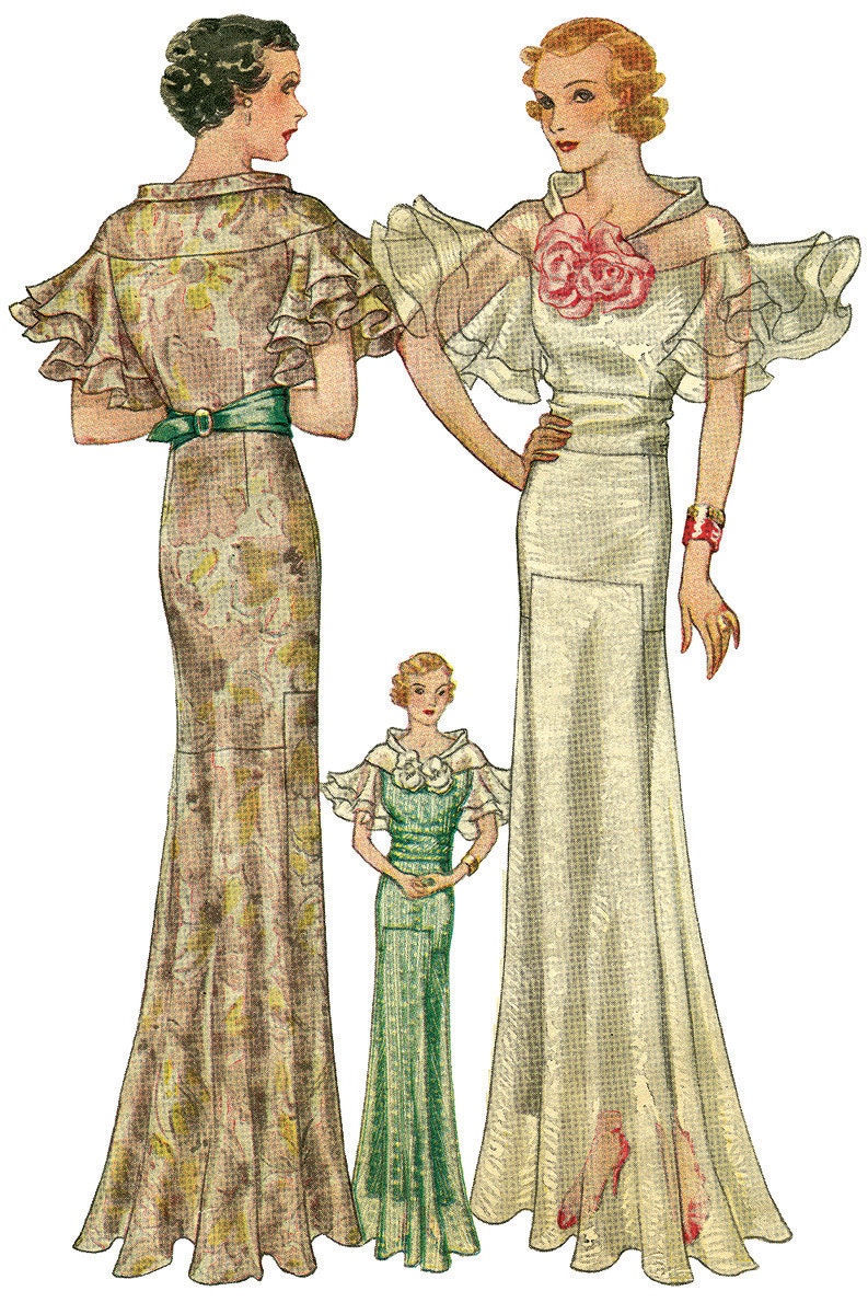 1930s Ladies Evening Gown With Wing Sleeves - Reproduction 1934 Sewing Pattern #T7653 - 34 Inch Bust