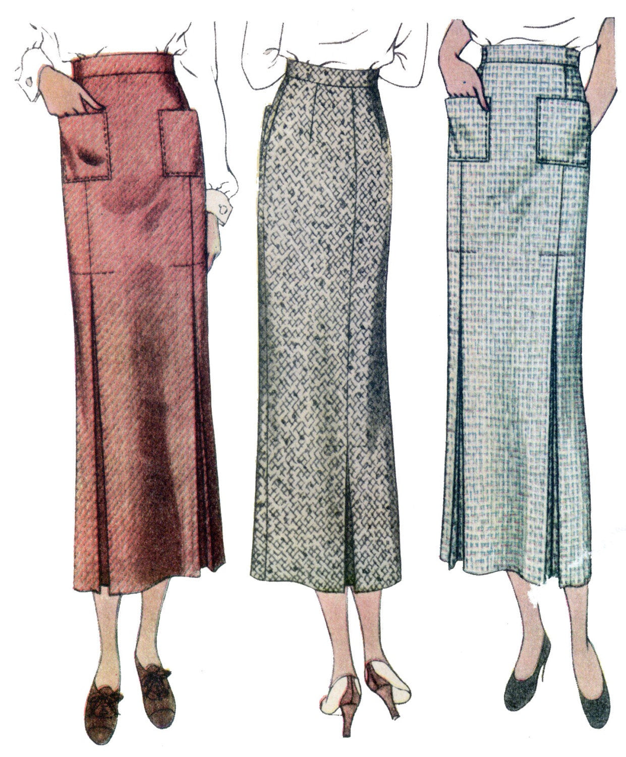 1930s Ladies Skirt With Patch Pockets- Reproduction 1935 Sewing Pattern #T8354 - 34 Inch Waist