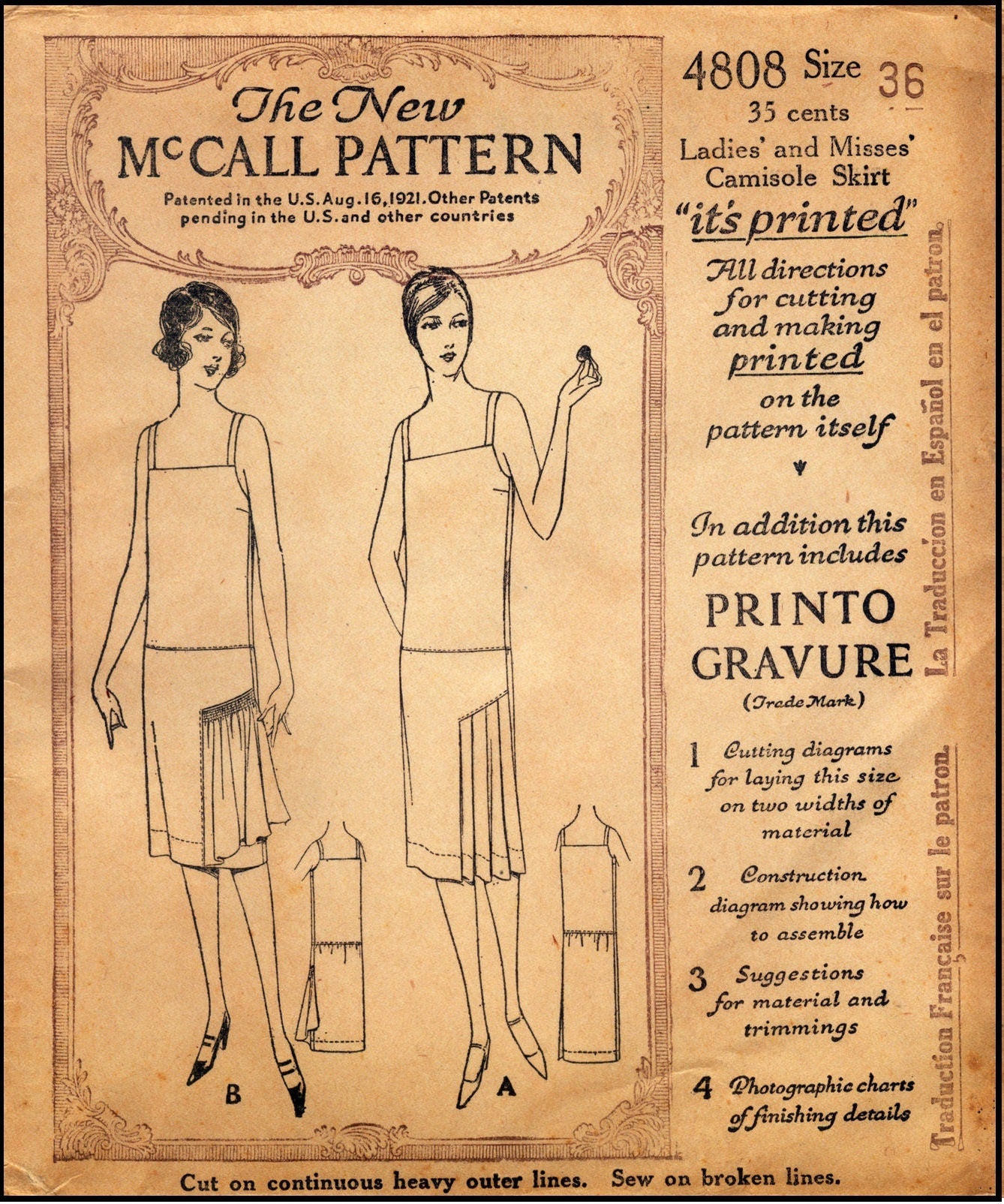 1920s Ladies Camisole With Attached Skirt - Reproduction 1927 Sewing Pattern #Z4808 - 36 Inch Bust