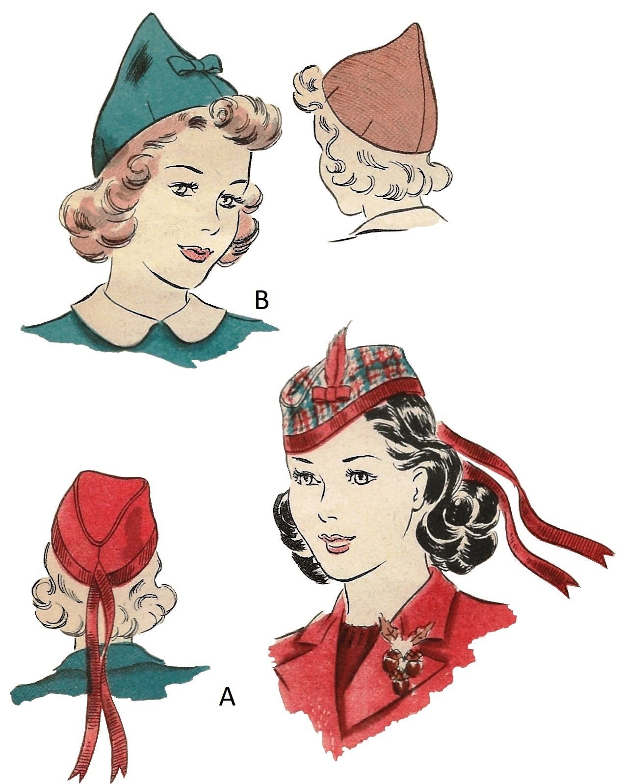 1930s Ladies Scotch Cap and Pointed Cap - Reproduction 1938 Sewing Pattern #H2275 - Scottish Glengarry-Style Hat and Dart Fitted Top Cap
