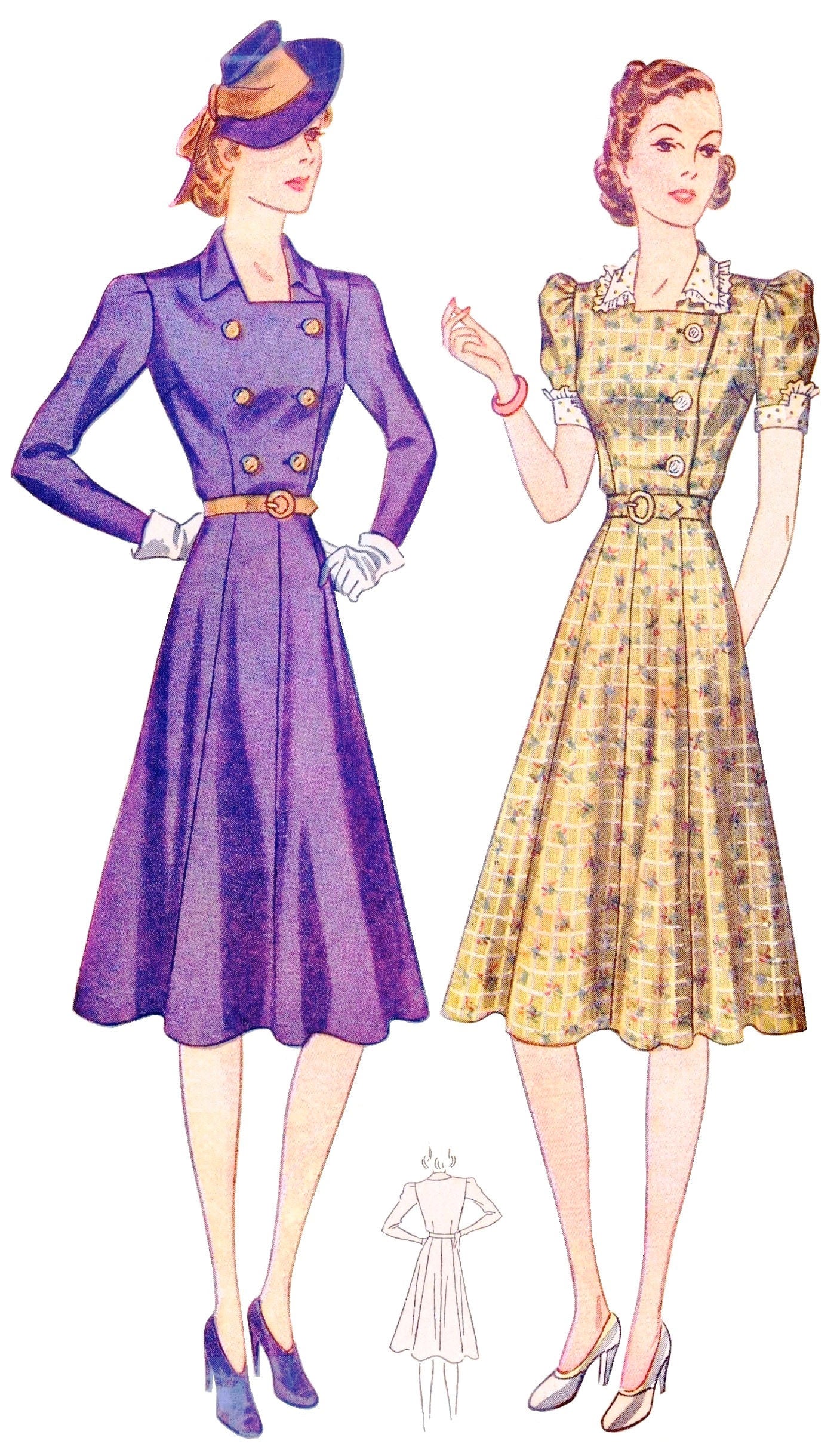 1940 Ladies Day Dress With Front Buttons - Pattern #F3284 - 34 Inch Bust