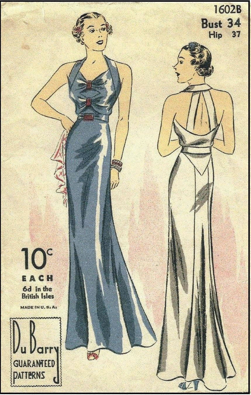 1930s Ladies Evening Gown With Back Bands - Reproduction 1936 Sewing Pattern #T1602 - 34 Inch Bust