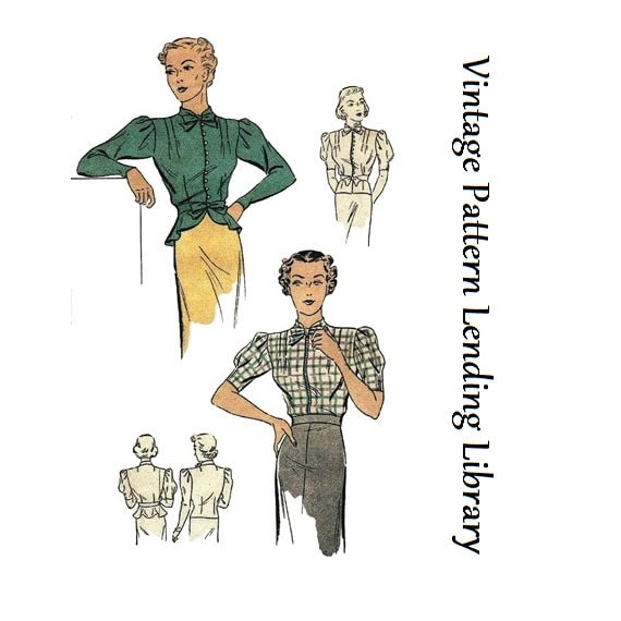 1930s Ladies Blouse With Optional Peplum and Two Sleeve Styles - Reproduction 1937 Sewing Pattern #T1797 - 34 Inch Bust