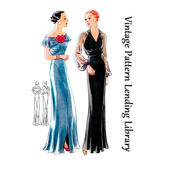 1930s Ladies Evening Gown With Two Neckline Options - Reproduction 1935 Sewing Pattern #T1659 - 38 Inch Bust