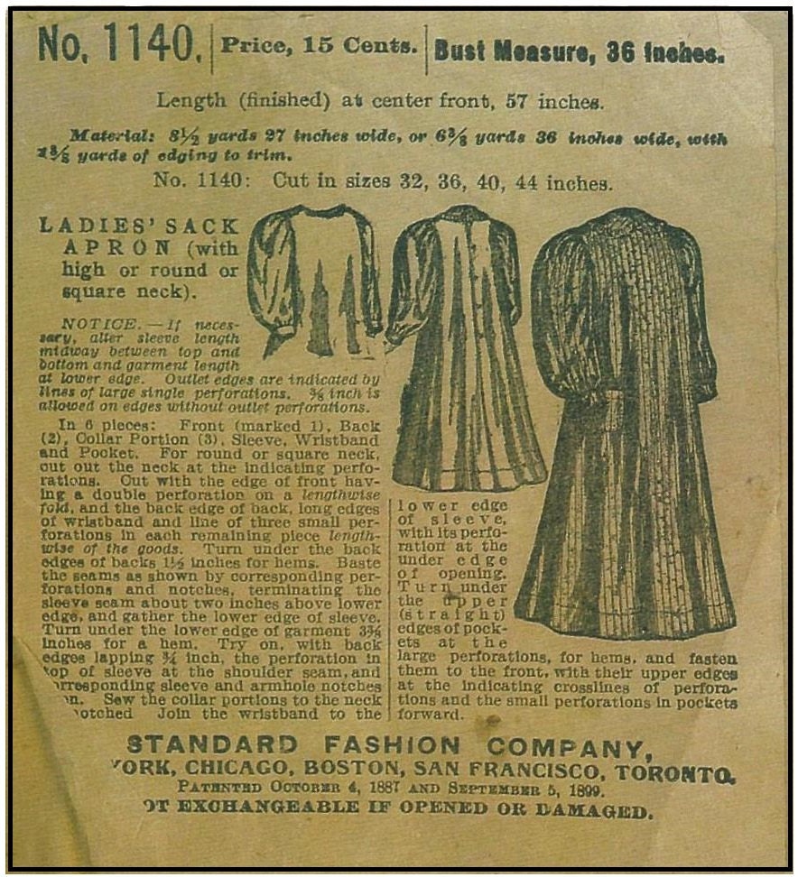 1890s Ladies Sack Apron - Victorian Era - Pattern #E1140 - 36 Inch Bust