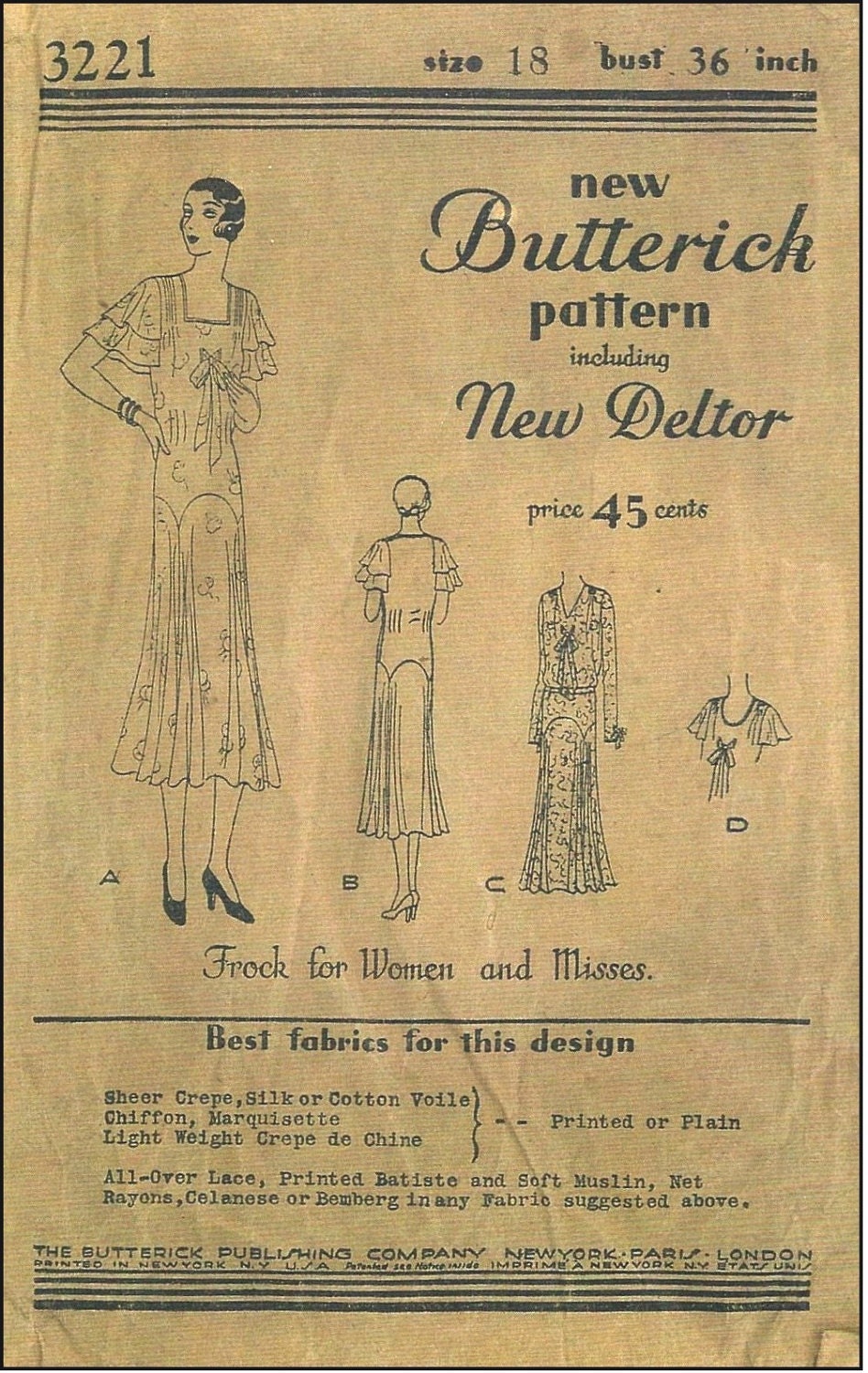 1930s Ladies Afternoon Tea Frock - Reproduction 1931 Sewing Pattern #T3221 - 36 Inch Bust