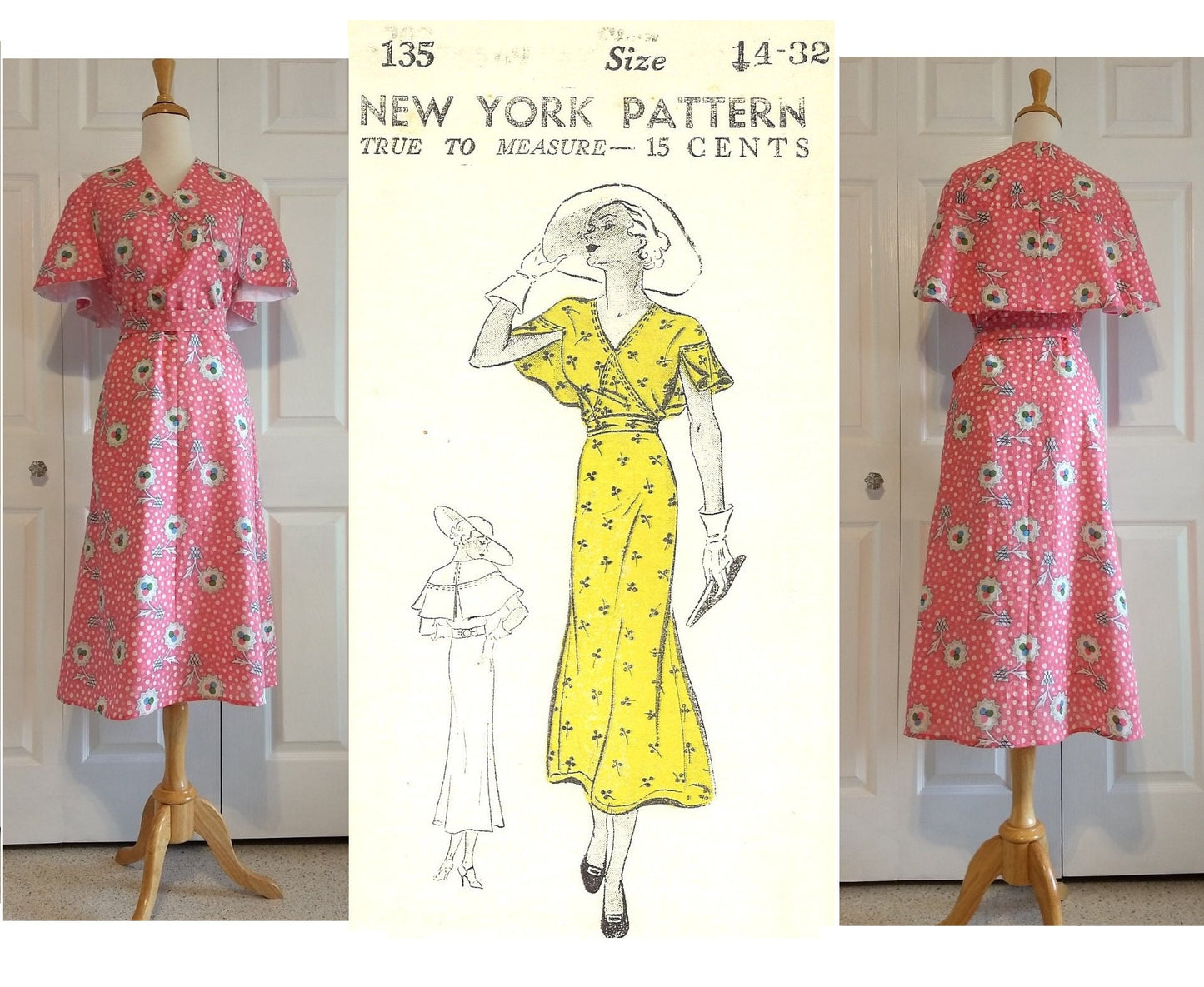 1930s Ladies Day Dress With Cape Sleeves - Reproduction 1935 Sewing Pattern #T0135 - 32 Inch Bust