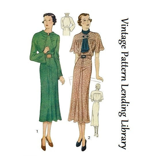 1930s Ladies Day Dress In Two Styles - Reproduction 1936 Sewing Pattern #T1990 - 36 Inch Bust
