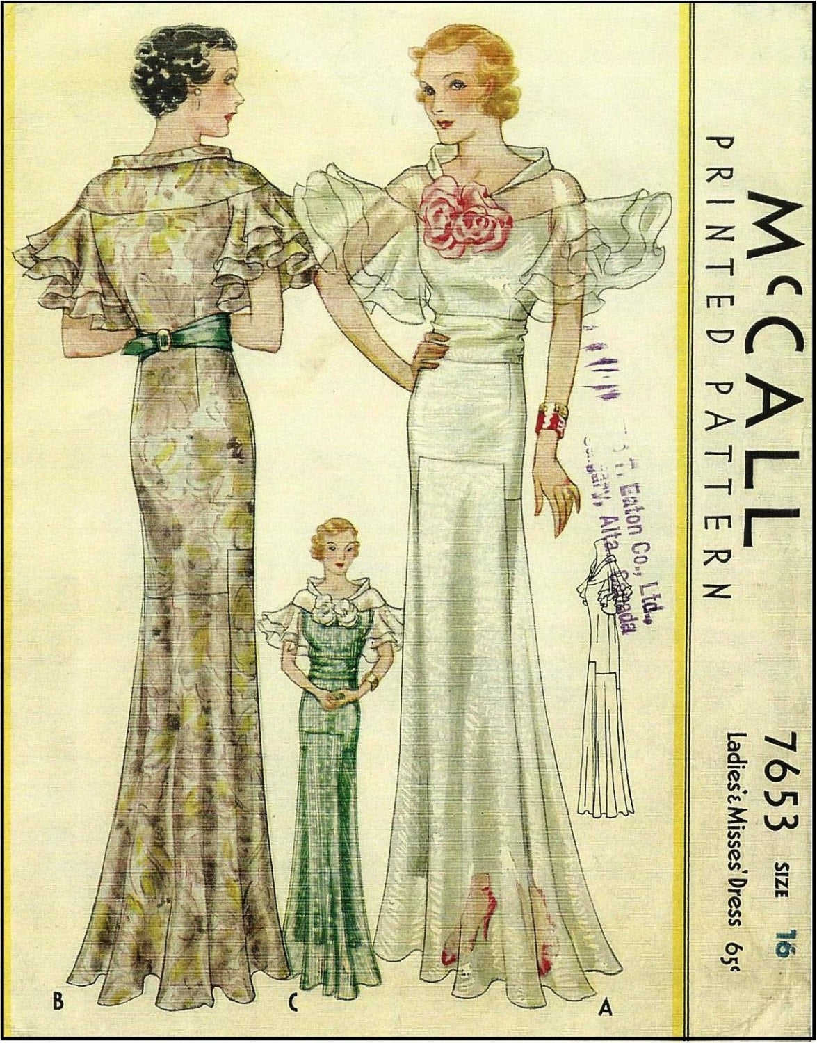 1930s Ladies Evening Gown With Wing Sleeves - Reproduction 1934 Sewing Pattern #T7653 - 34 Inch Bust