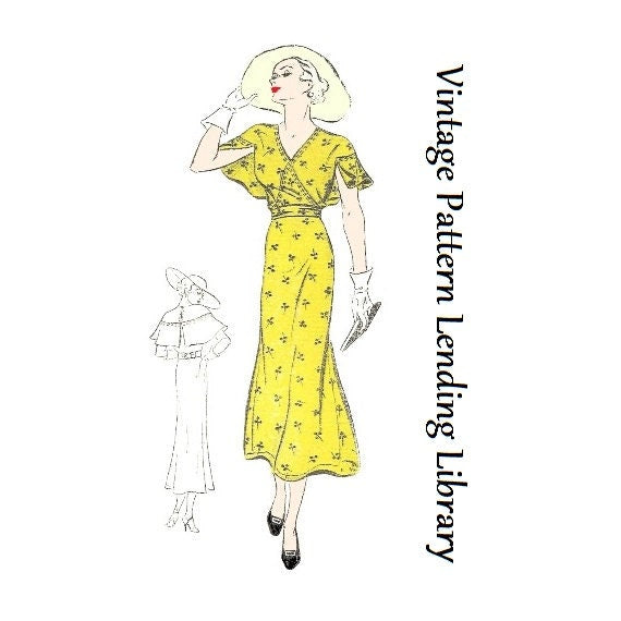 1930s Ladies Day Dress With Cape Sleeves - Reproduction 1935 Sewing Pattern #T0135 - 32 Inch Bust