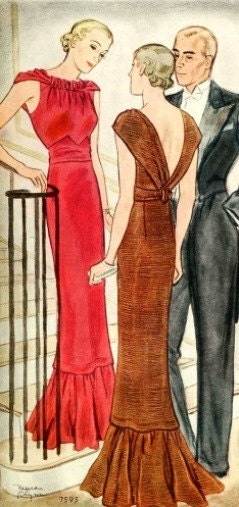 1930s Ladies Evening Gown With Gathered Neckline - Reproduction 1933 Sewing Pattern #T7595 - 32 Inch Bust