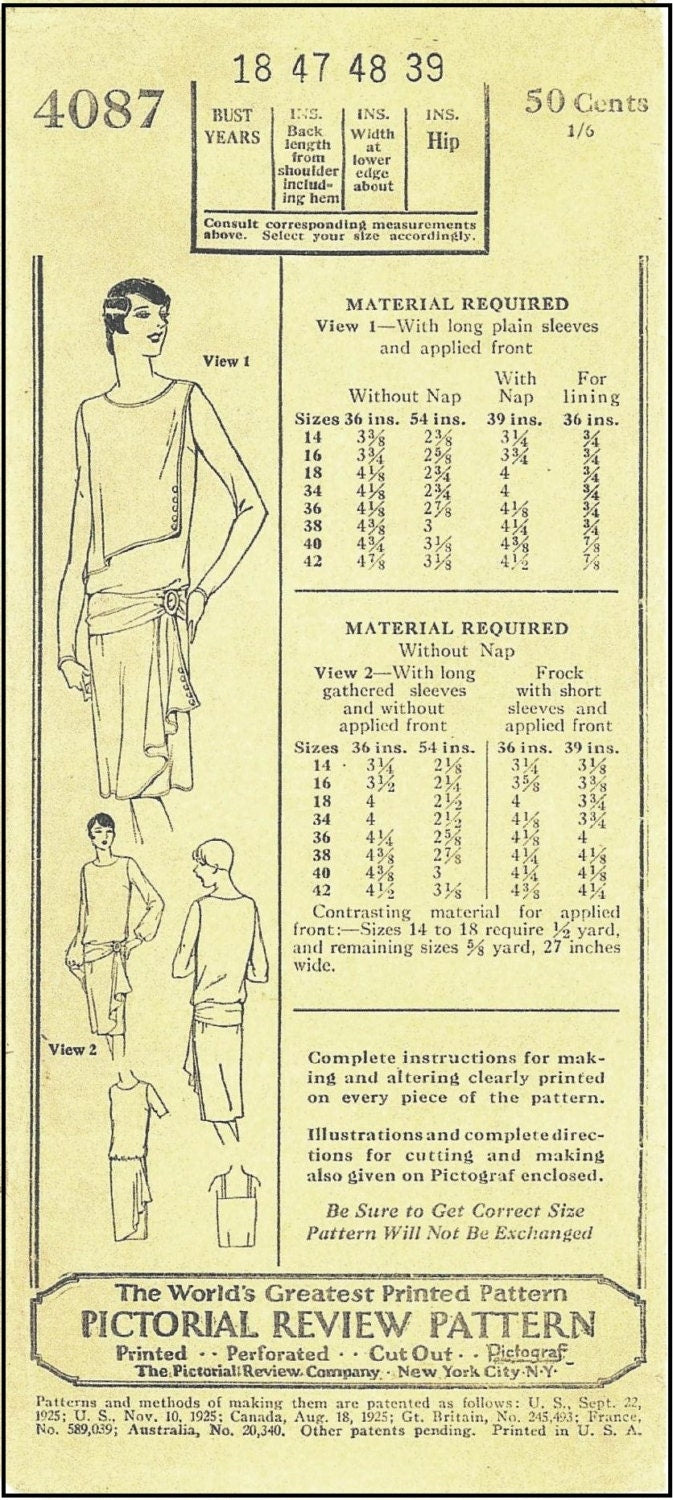 1920s Ladies Dress With Tunic Front - Reproduction 1927 Sewing Pattern #Z4087 - 36 Inch Bust
