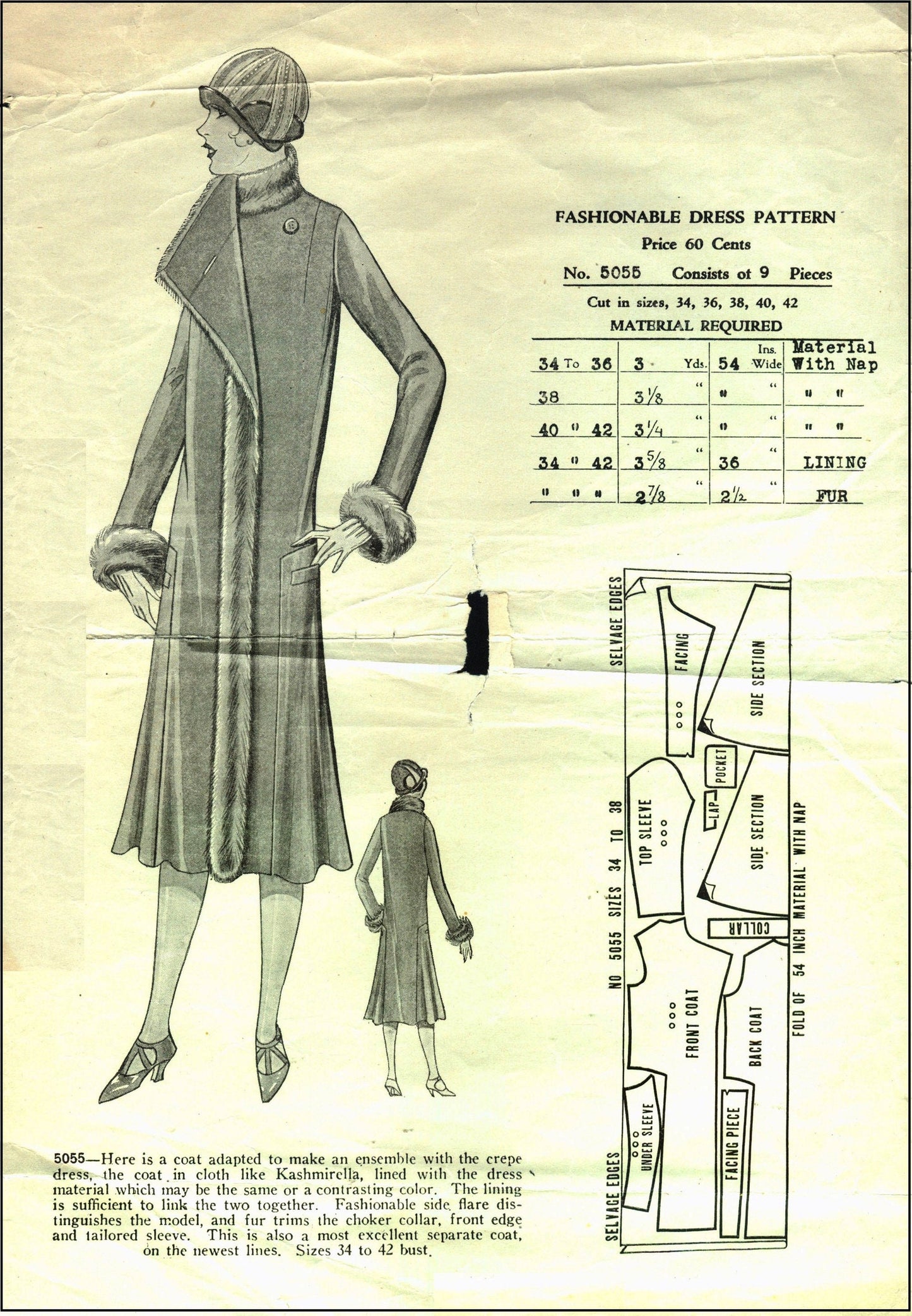 1920s Ladies Side Flared Coat With Fur Trim - 1925 Pattern #Z5055 - 36 Inch Bust