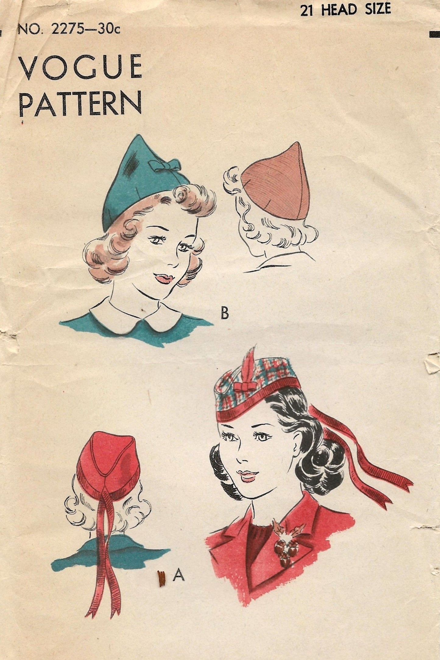 1930s Ladies Scotch Cap and Pointed Cap - Reproduction 1938 Sewing Pattern #H2275 - Scottish Glengarry-Style Hat and Dart Fitted Top Cap