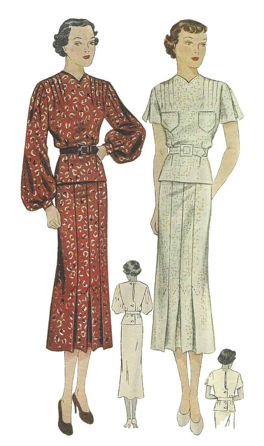 1930s Ladies Day Dress With Sleeve Options - Reproduction 1936 Sewing Pattern #T2002 - 36 Inch Bust