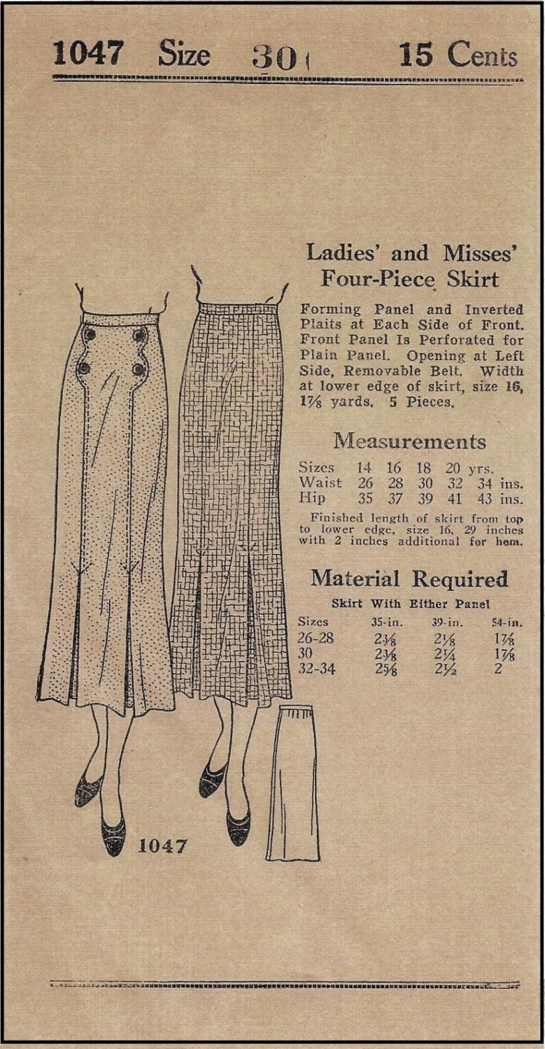 1930s Ladies Skirt With Patch Pockets- Reproduction 1936 Sewing Pattern #T1047 - 30 Inch Waist