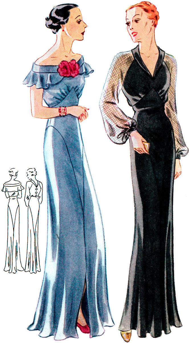 1930s Ladies Evening Gown With Two Neckline Options - Reproduction 1935 Sewing Pattern #T1659 - 38 Inch Bust