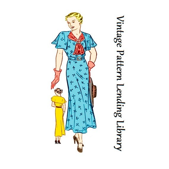 1930s Ladies Capelet Dress With Front Scarf Tie - Pattern #T3412 - 38 Inch Bust