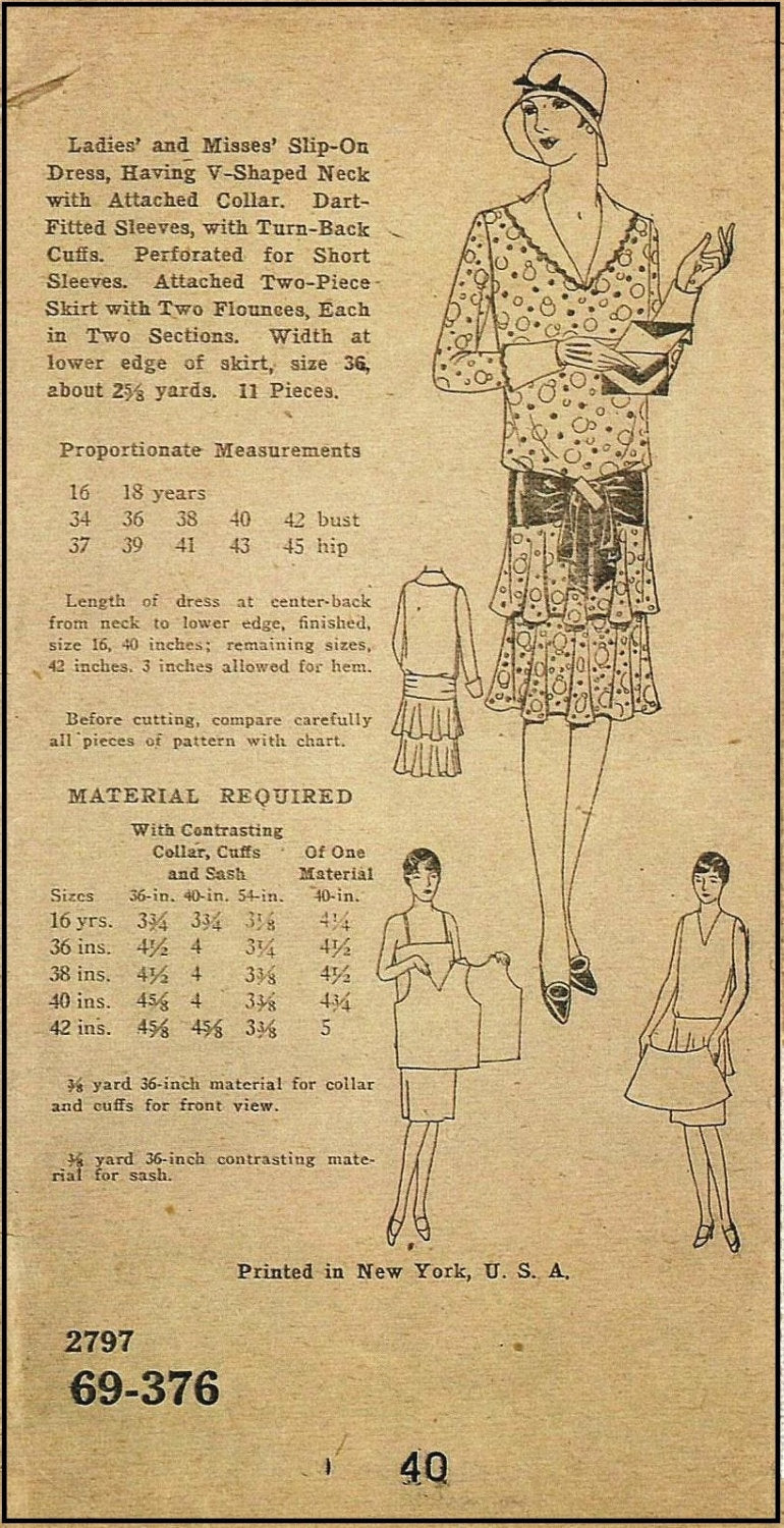 1920s Ladies Slip On Dress With Flounces - Pattern #69376 - 40 Inch Bust