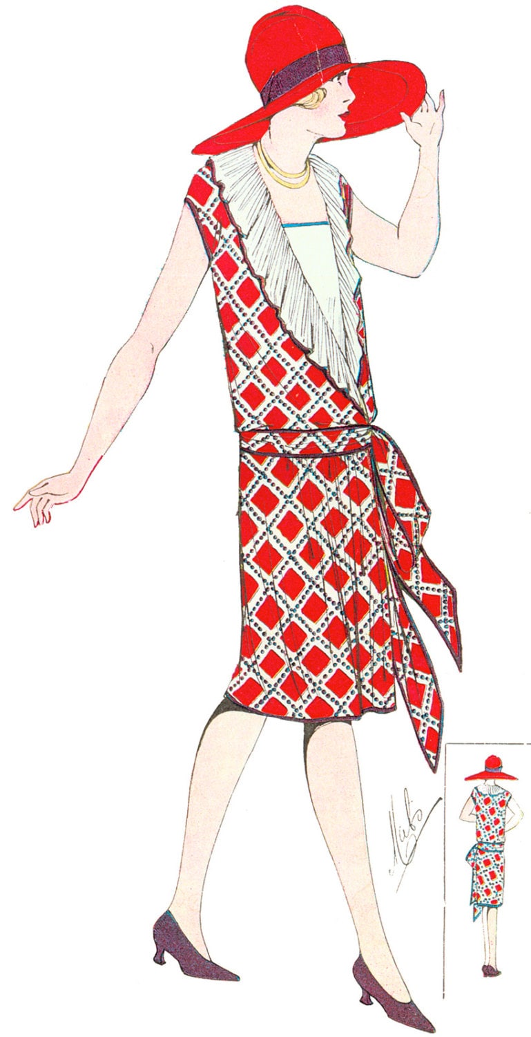 1920s Ladies Dress With Neck Frill - Reproduction 1927 Sewing Pattern #Z3235 - 36 Inch Bust - Art Deco Fashion
