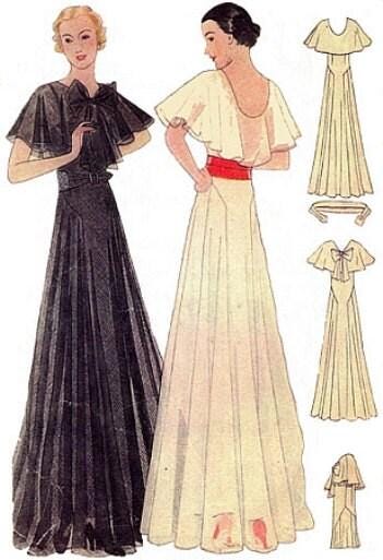 1930s Ladies Evening Gown With Capelet - Reproduction 1933 Sewing Pattern #T7292 - 38 Inch Bust