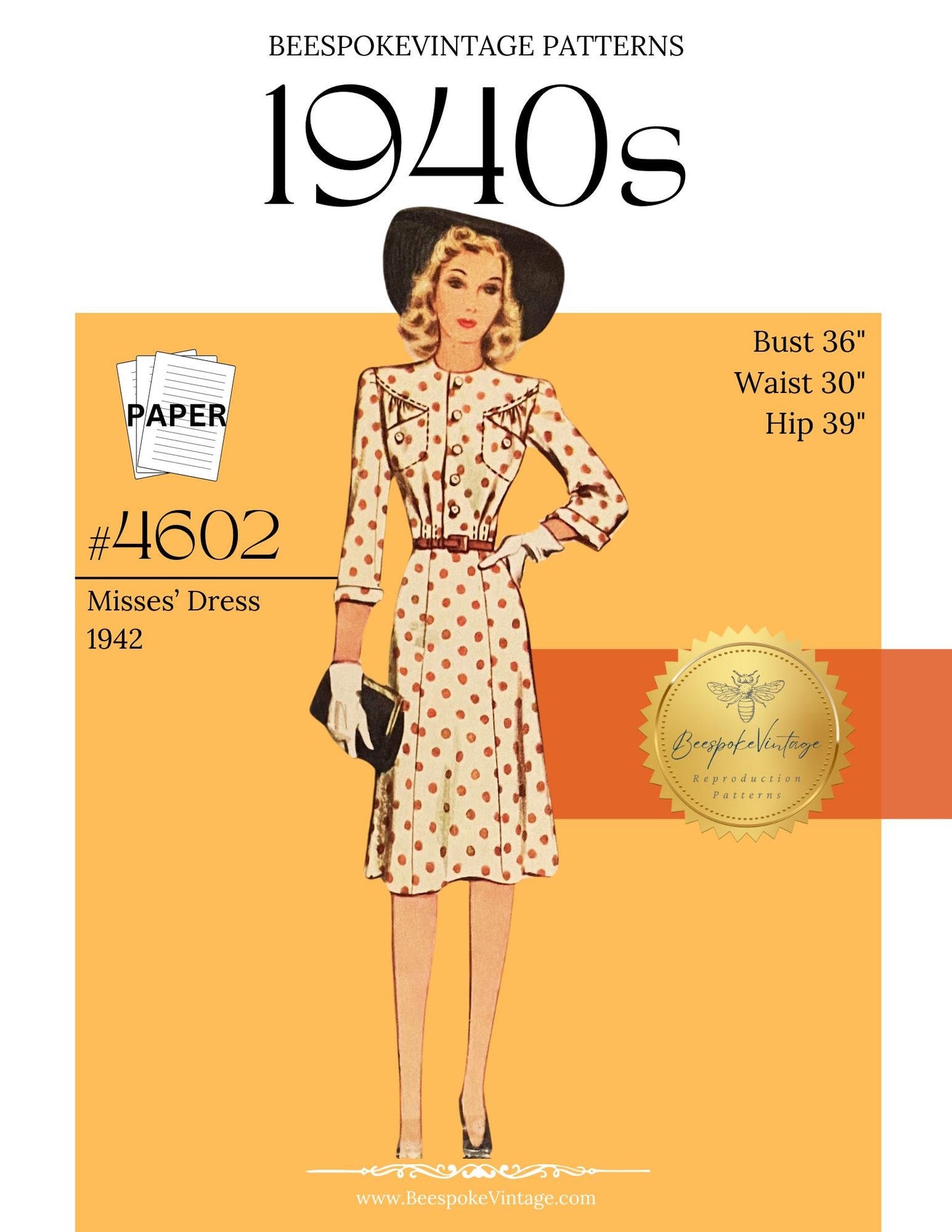 1940s WWII Dress with Breast Pockets - Bust 36" Pattern #4602 -36 - PAPER COPY