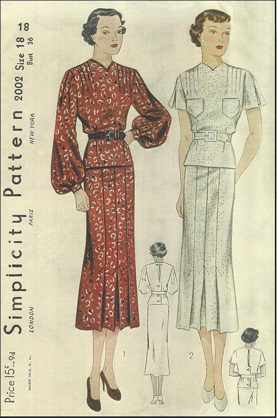 1930s Ladies Day Dress With Sleeve Options - Reproduction 1936 Sewing Pattern #T2002 - 36 Inch Bust