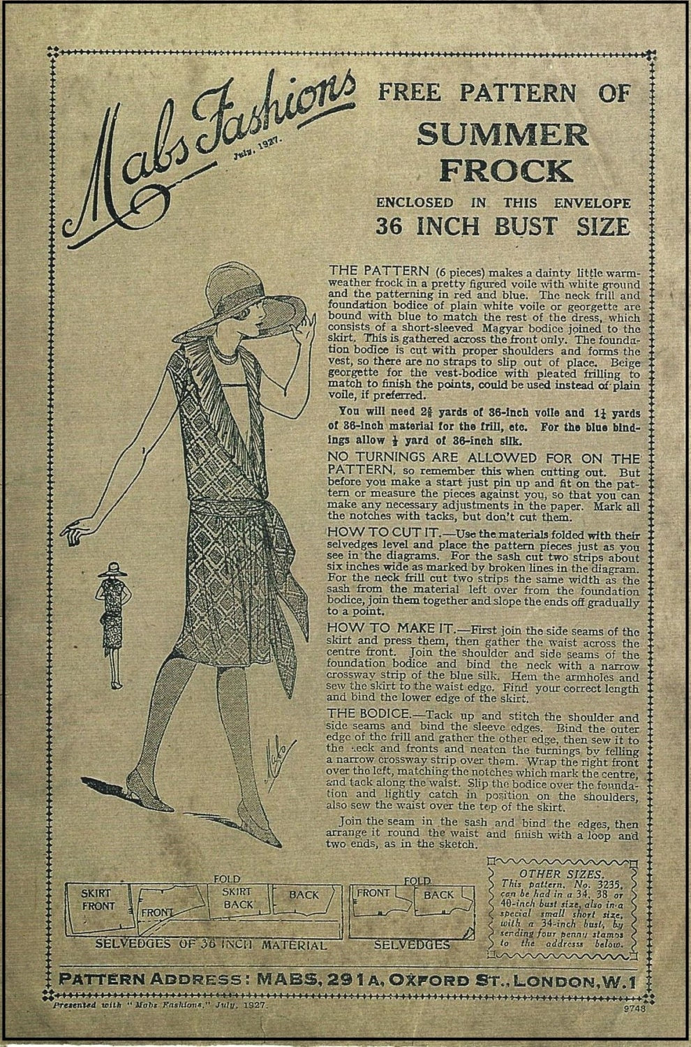 1920s Ladies Dress With Neck Frill - Reproduction 1927 Sewing Pattern #Z3235 - 36 Inch Bust - Art Deco Fashion