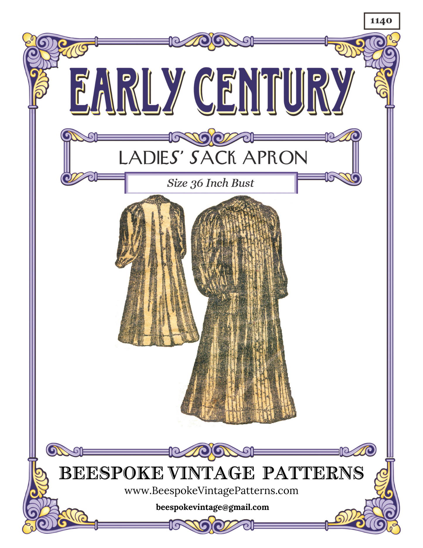 1890s Ladies Sack Apron - Victorian Era - Pattern #E1140 - 36 Inch Bust