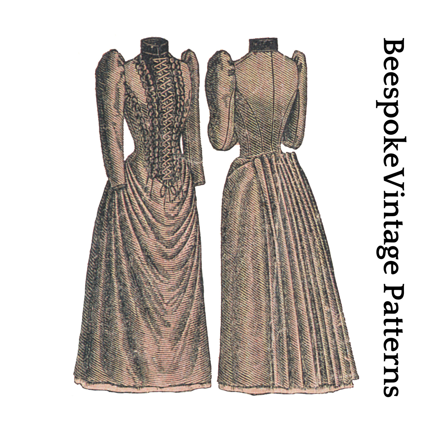 1890s Polonaise Dress With Back Pleating - Madame Demorest - Victorian Era - Reproduction (ca. 1890) Sewing Pattern #E4703 - 36 Inch Bust