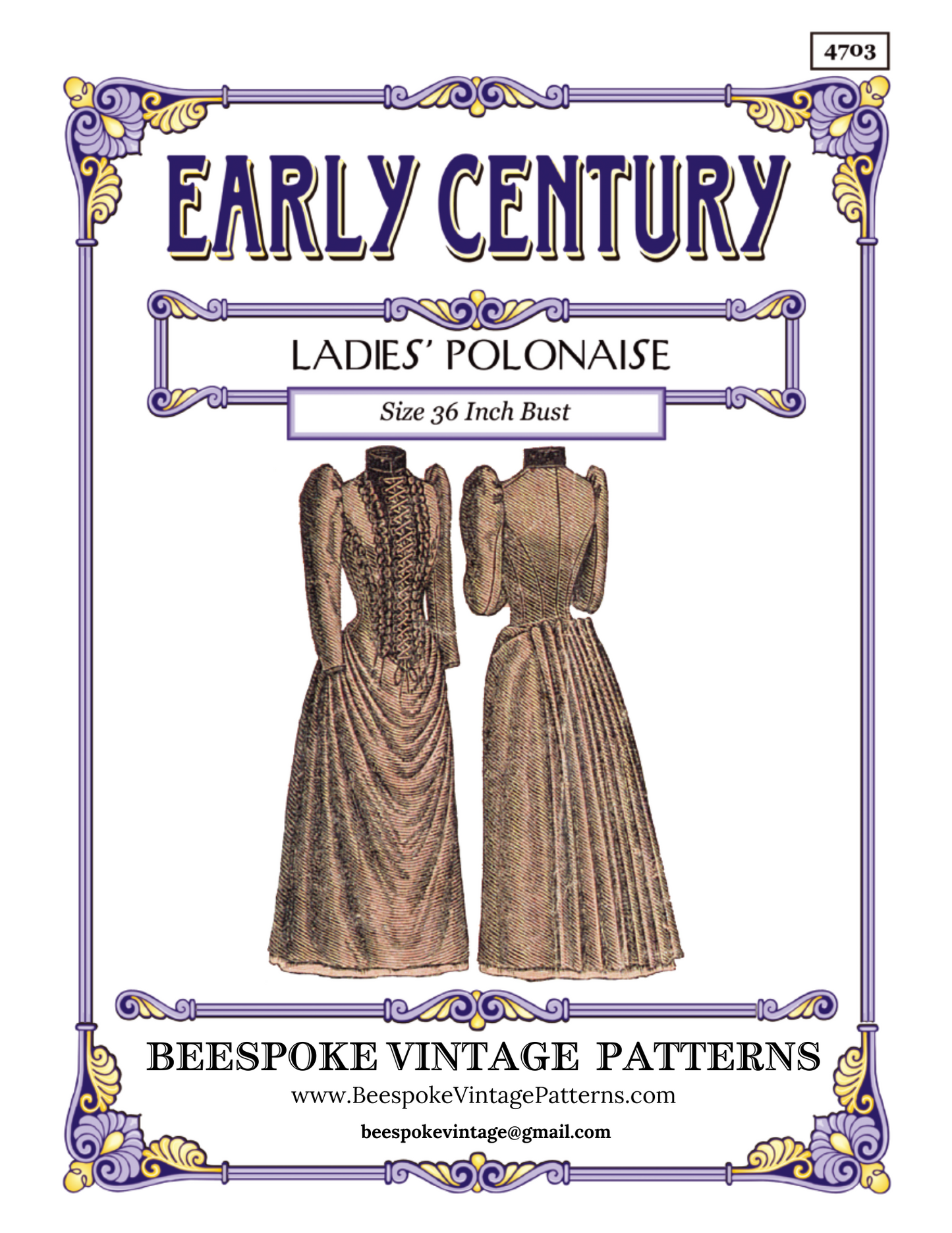 1890s Polonaise Dress With Back Pleating - Madame Demorest - Victorian Era - Reproduction (ca. 1890) Sewing Pattern #E4703 - 36 Inch Bust