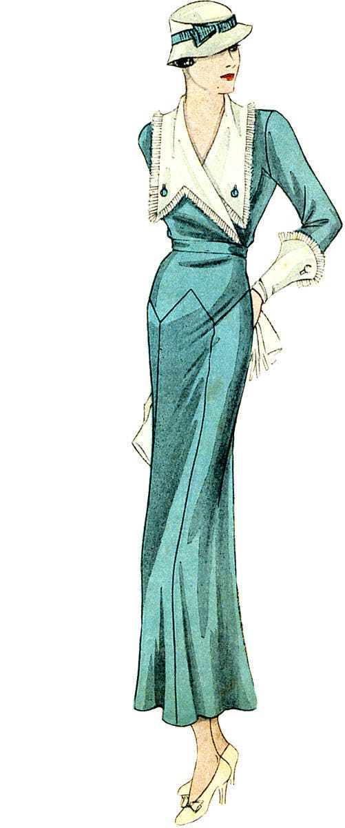 1930s Ladies Day Dress With Large Collar - Art Deco - 1934 Pattern #T1481 - 36 Inch Bust