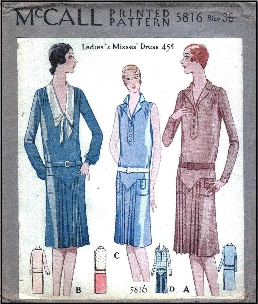 1920s Ladies Day Dress with Pleats - Reproduction 1929 Sewing Pattern #Z5816 - 36 Inch Bust